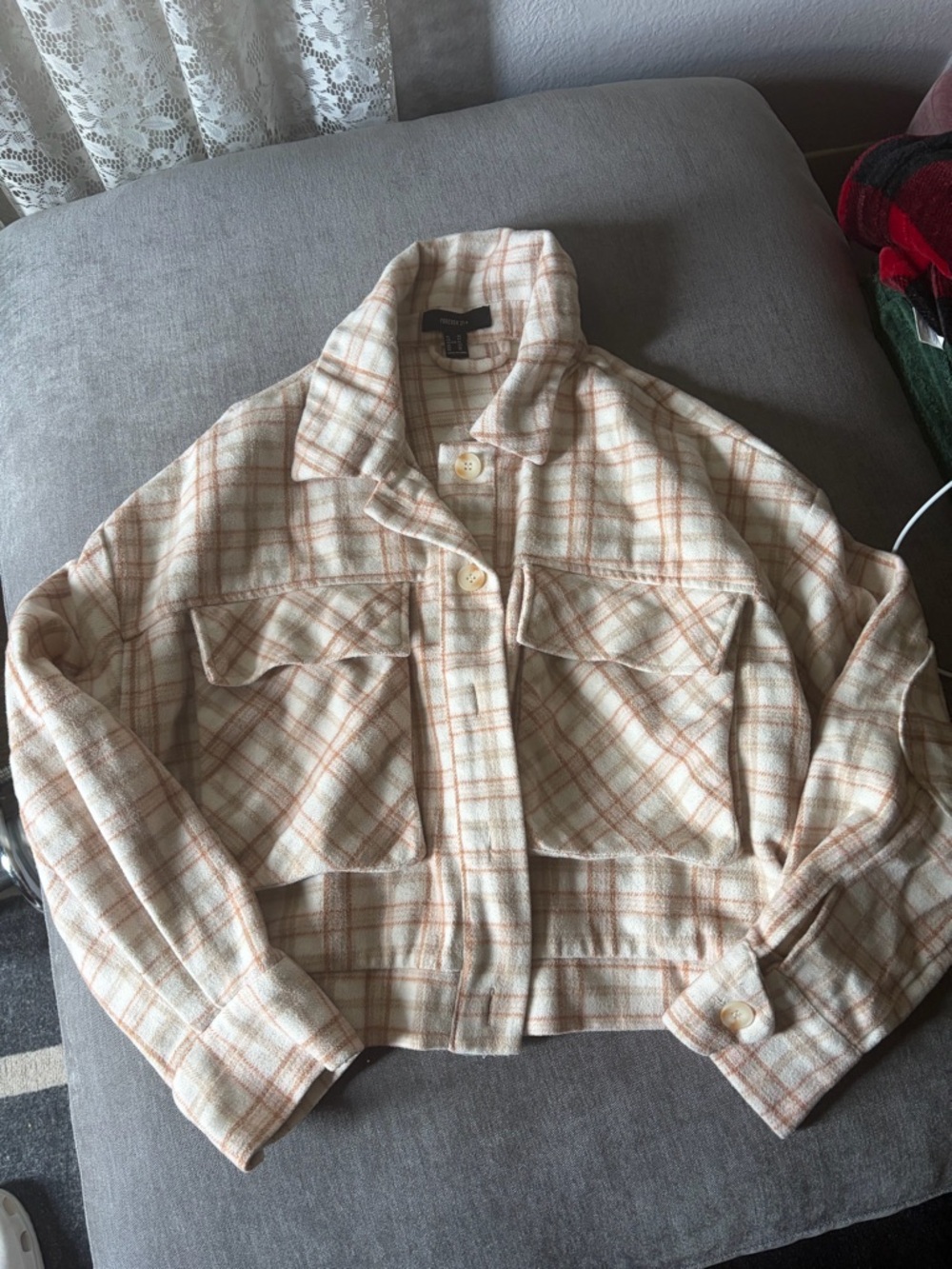 Cream and Tan Plaid Cropped Jacket